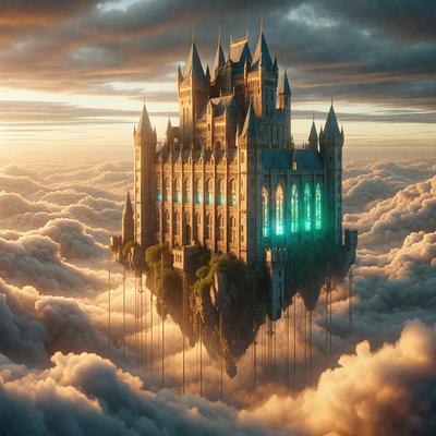 Primary subject: A castle in the clouds.
Setting/background: A cloudy sky.
Visual style: Digital art.
Colors and mood: The image is colorful and has a whimsical, fantasy-like atmosphere.
